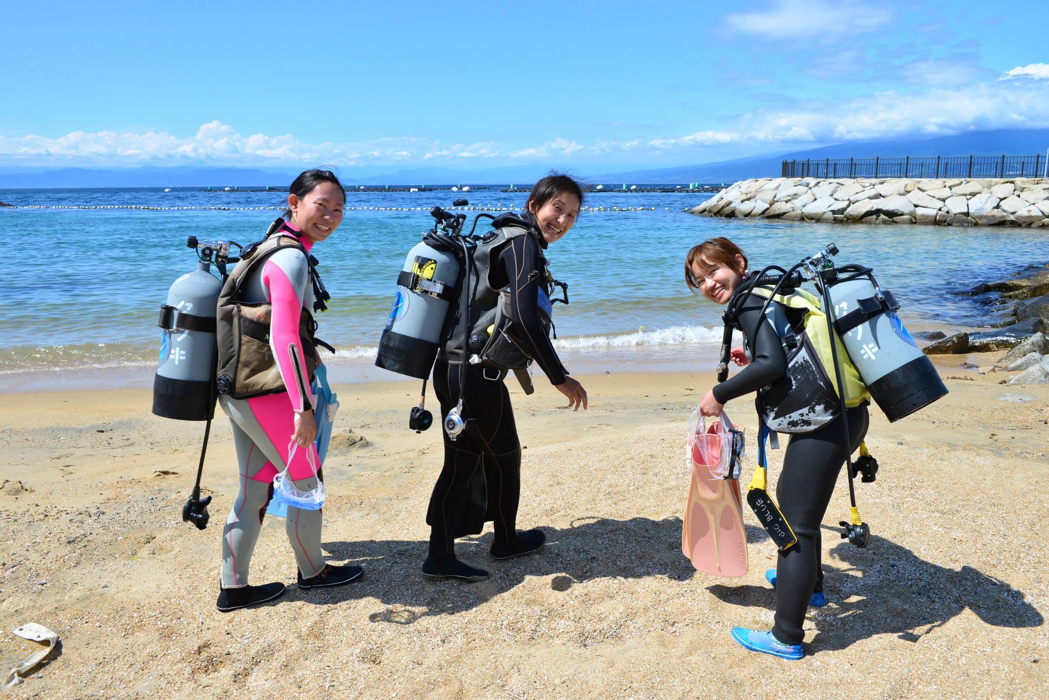 砂浜を歩くダイビング器材姿の参加者(2014年)